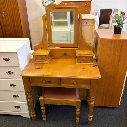 Solid Pine Dressing Table with Mirror and Stool