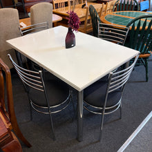 Load image into Gallery viewer, White Dining Table with 4 Chrome and Black Chairs