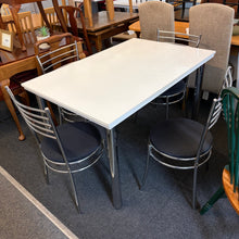 Load image into Gallery viewer, White Dining Table with 4 Chrome and Black Chairs