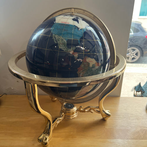 Large Lapis Lazuli Semi Precious Gemstone Brass World Globe& Compass